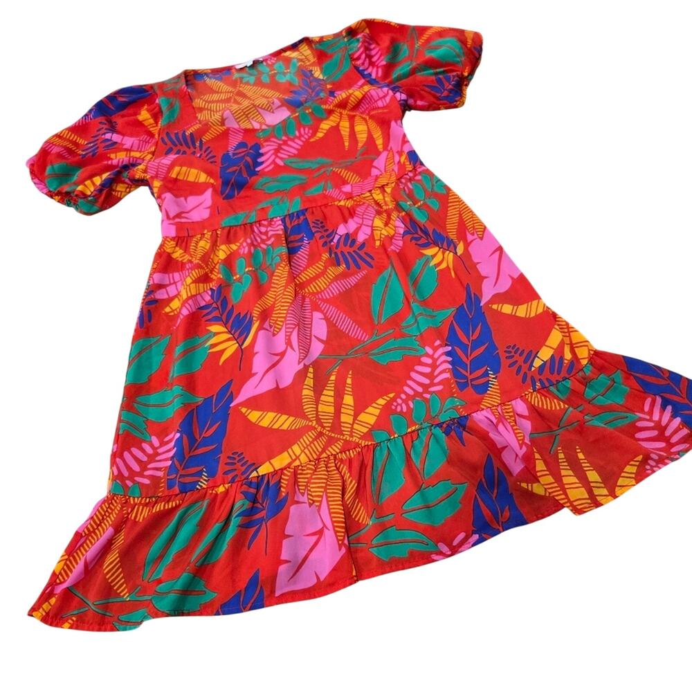 Skies Are Blue Tropical Dress Puff Bubble Sleeves Tiered Hem Size Large
